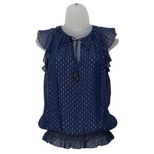 RAMY BROOK | Cecily Metallic Clip-Dot Silk Flutter Sleeve Top in Navy, Small